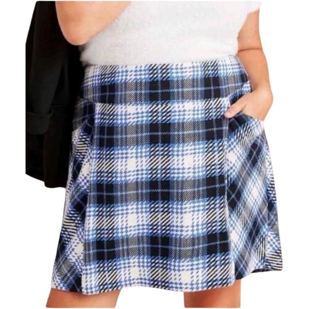 Anthropologie Maeve Plaid Mini Skirt Blue White Black Skater Cotton Women Sz 0
